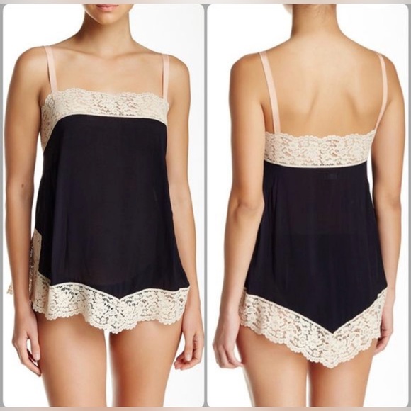 Free People Black & Cream Lace Cami Top Scalloped Tunic Tank Size XS - Picture 10 of 11